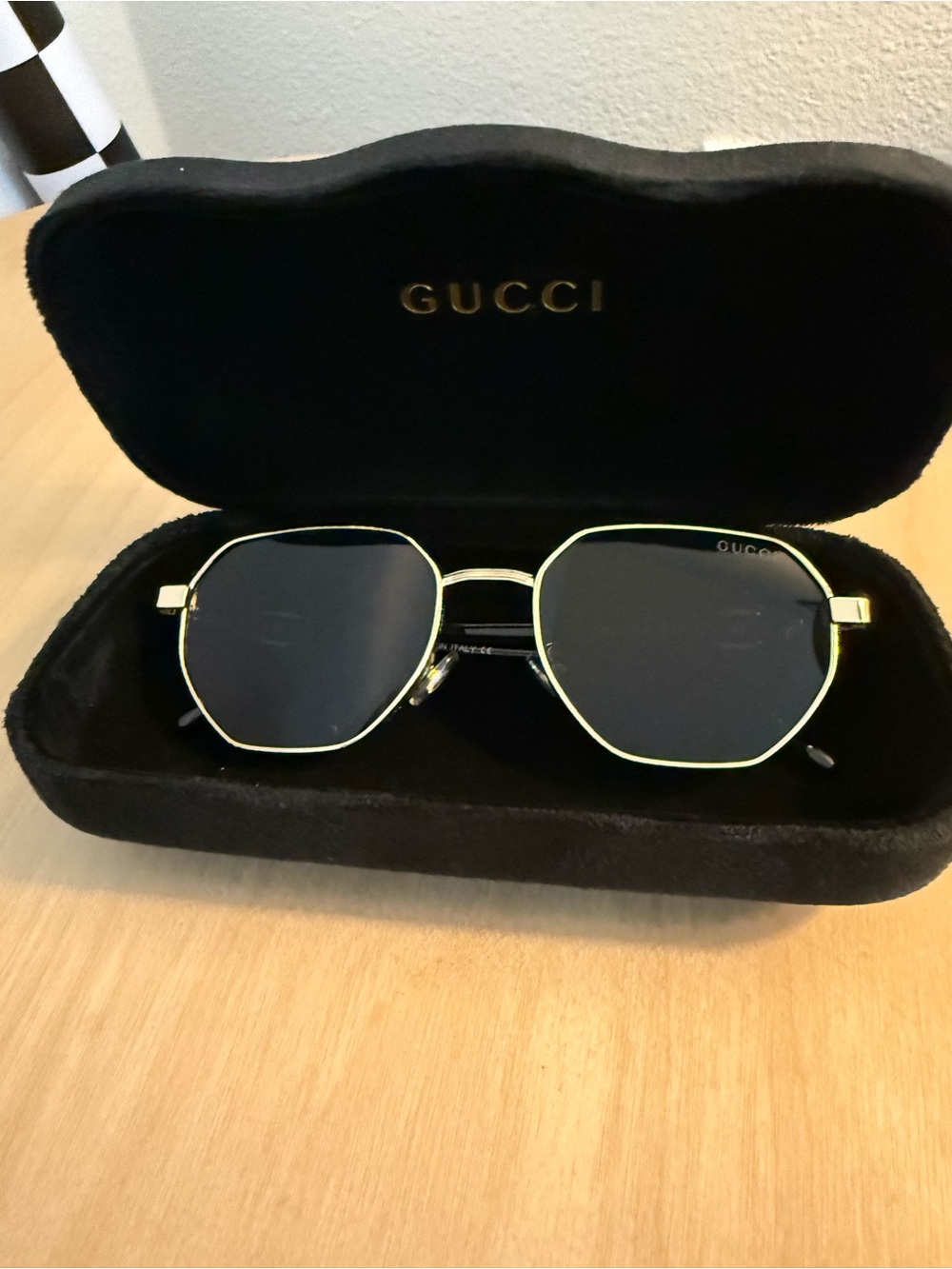 Gucci Gold Frame Black Lens Octagonal Sunglasses